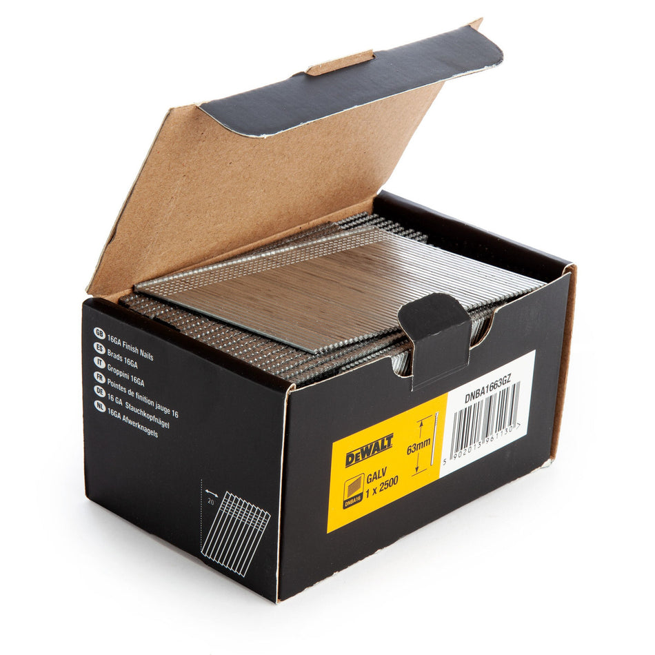 Dewalt DNBA1663GZ 16GA Brad Finish Nail 20 Deg Galvanised 63mm (Pack of 2500)