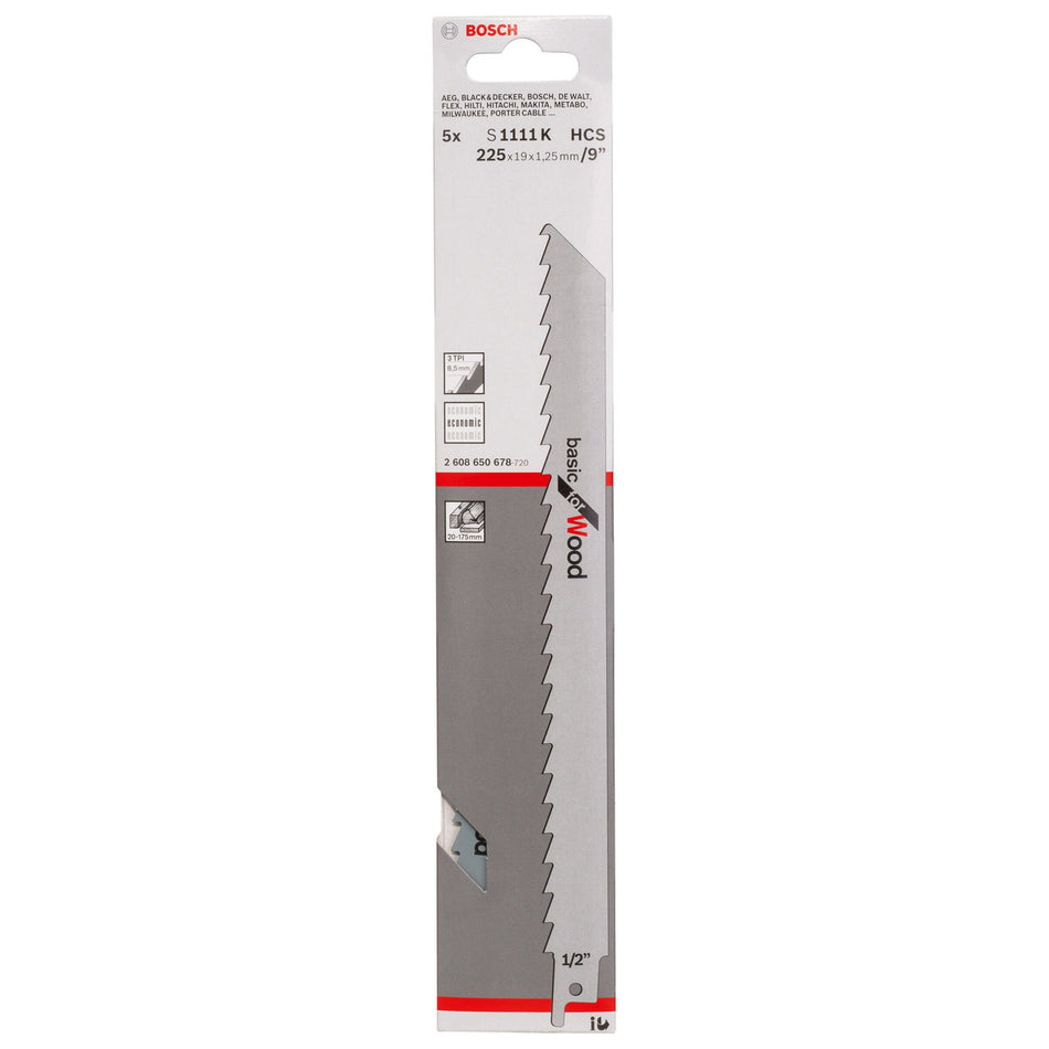 Bosch S1111K Reciprocating Saw Blades for Wood 225mm (Pack Of 5)