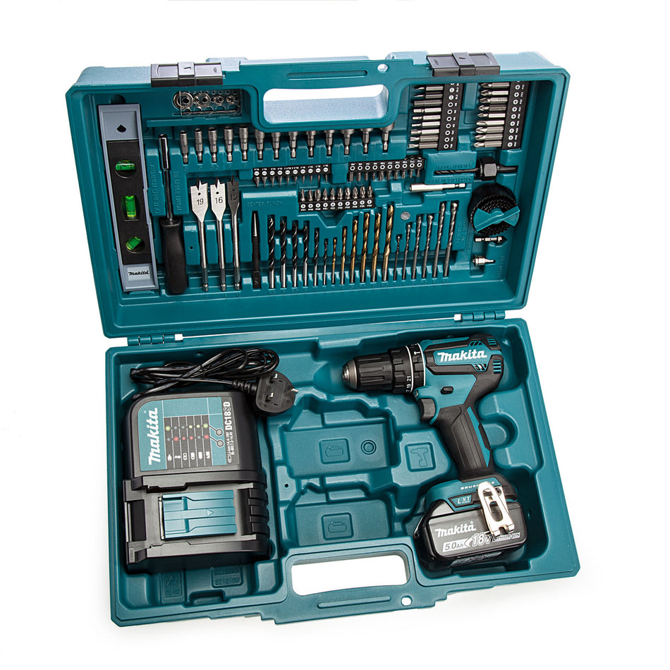 Makita DHP485STX5 18V LXT Combi Drill with 101 Piece Accessory Set (1 x 5.0Ah Battery)