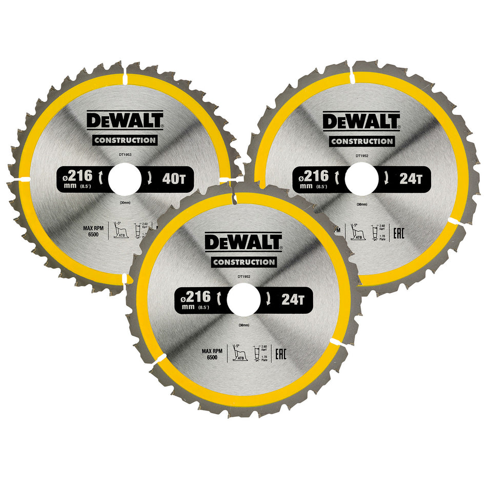 Dewalt DT1962 Construction Circular Saw Blade Triple Pack 216 x 30mm x 24T & 40T (3 Pack)