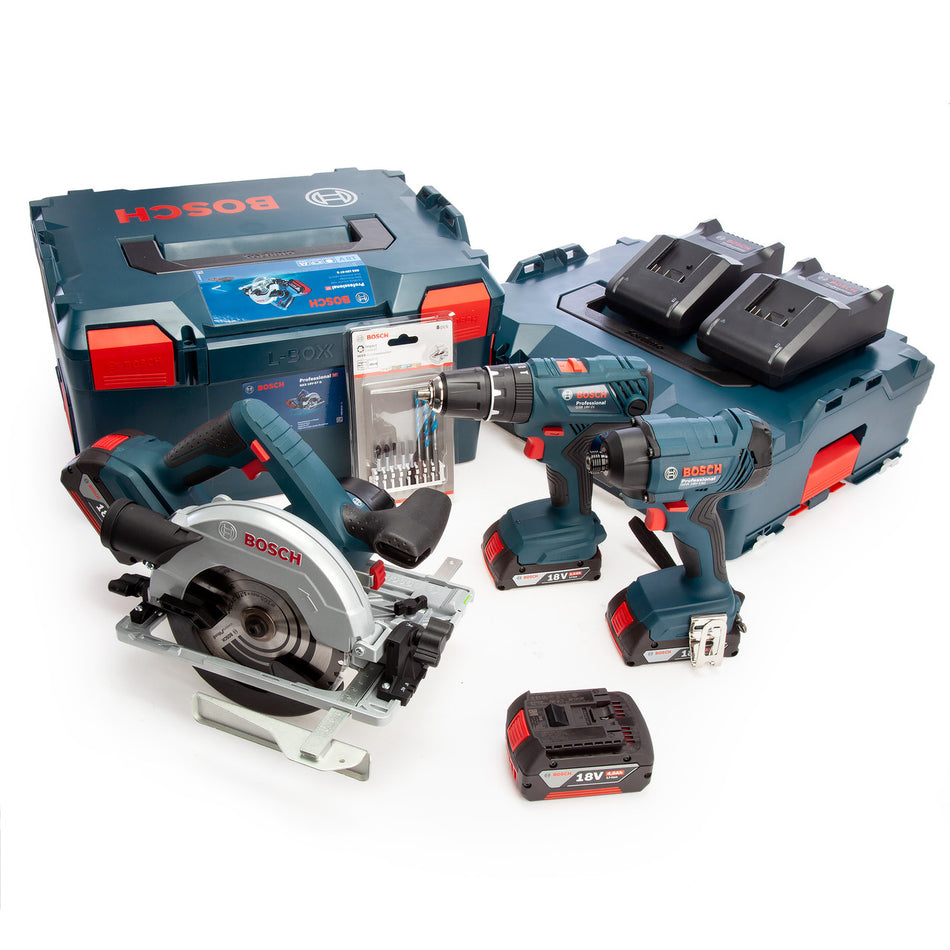 Bosch GSB 18V-21, GKS18V-57G, GDR 18V-160 - with Accessories (2 x 2.0Ah + 2 x 4.0Ah Batteries)