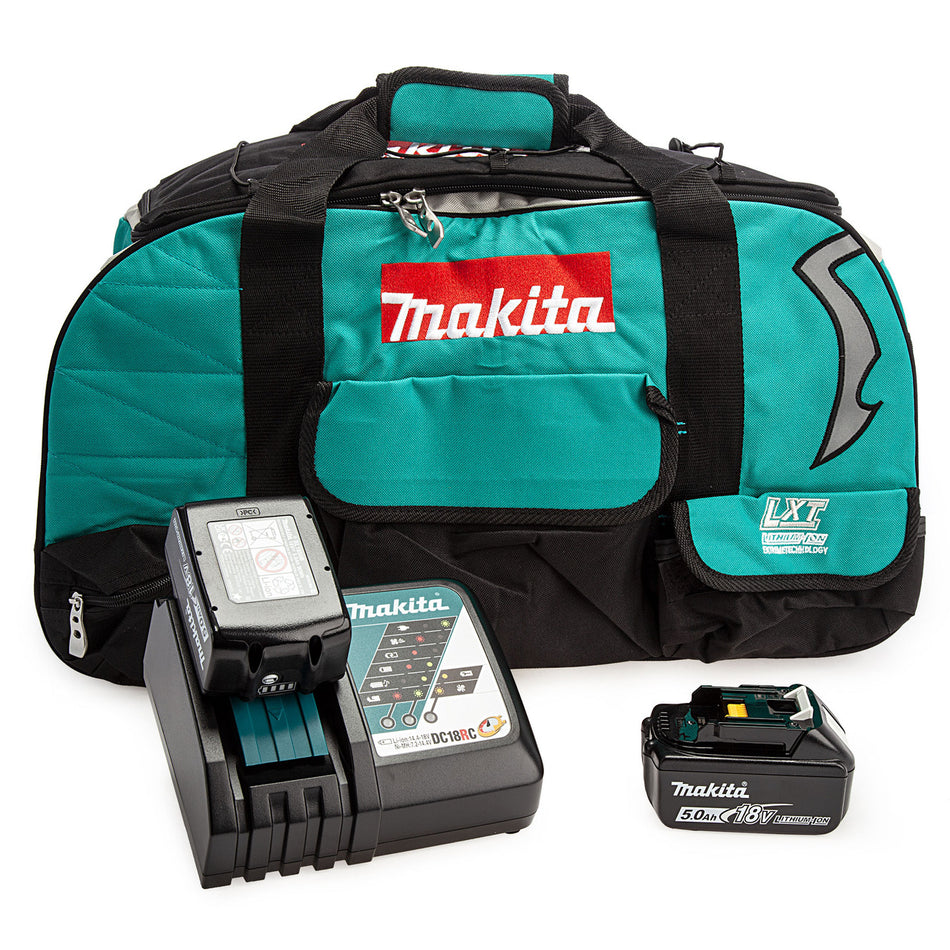 Makita 18V 2 x BL1850B 5.0Ah Batteries, DC18RC Charger & Duffel Bag Set
