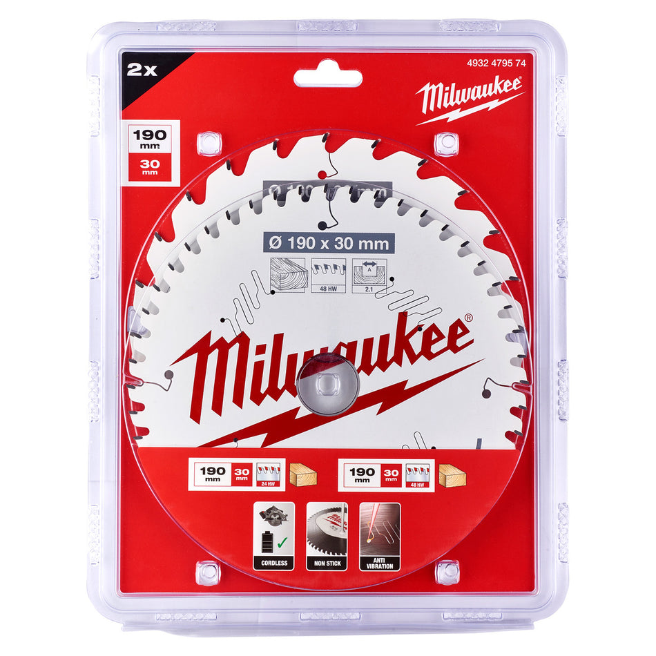 Milwaukee 4932479574 Circular Saw Blades 190mm x 30mm x 24T +48T (Pack Of 2)