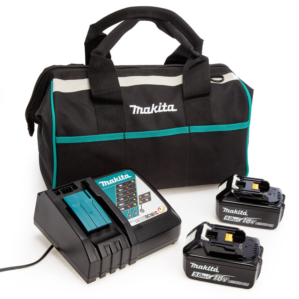 Makita 18V 2 x BL1850B 5.0Ah Batteries, DC18RC Charger & Tool Bag Set