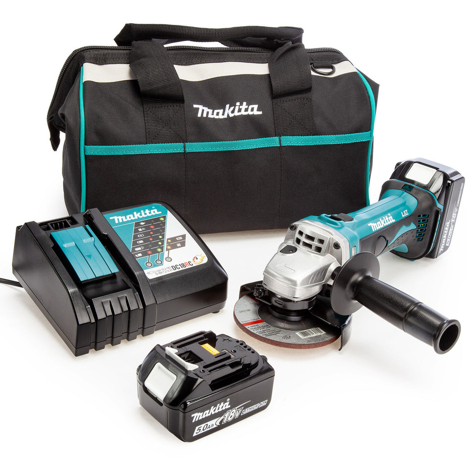 Makita DGA452 18V LXT 4.5 inch/115mm Angle Grinder, Toolbag, Charger (2 x 5.0Ah Batteries)