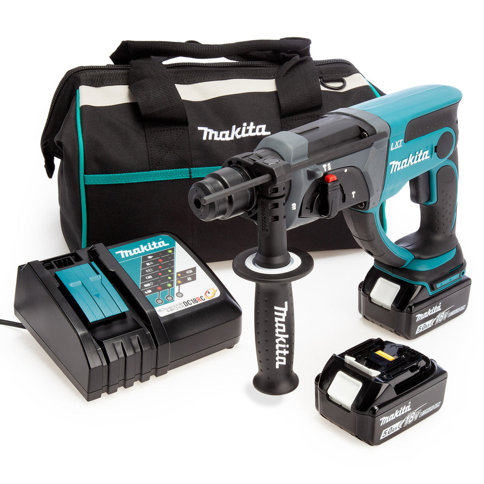 Makita DHR202 18V LXT SDS Plus Hammer, Toolbag, Charger (2 x 5.0Ah Batteries)