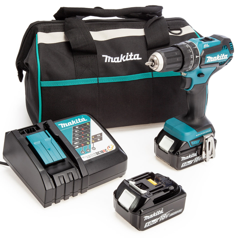 Makita DHP485 18V LXT Brushless Combi Drill, Toolbag, Charger (2 x 5.0Ah Batteries)