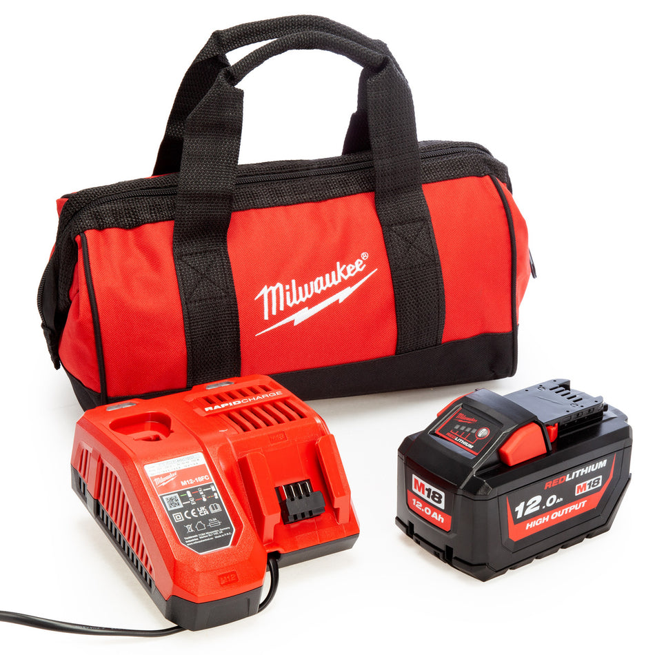 Milwaukee M18 HB12 12.0Ah Battery, M12-18FC Charger & Tool Bag Set