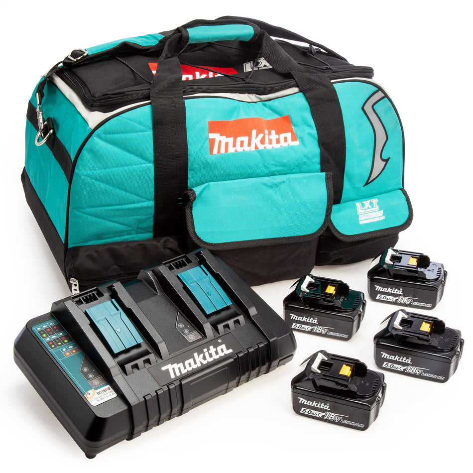 Makita 18V 4 x BL1850B 5.0Ah Batteries, DC18RD Charger & Duffel Bag Set