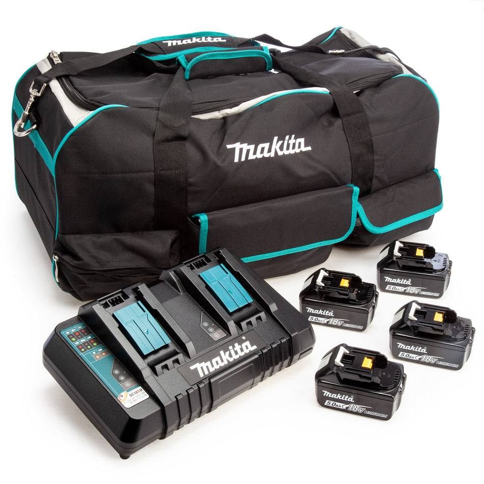 Makita 18V 4 x BL1850B 5.0Ah Batteries, DC18RD Charger & Tool Bag