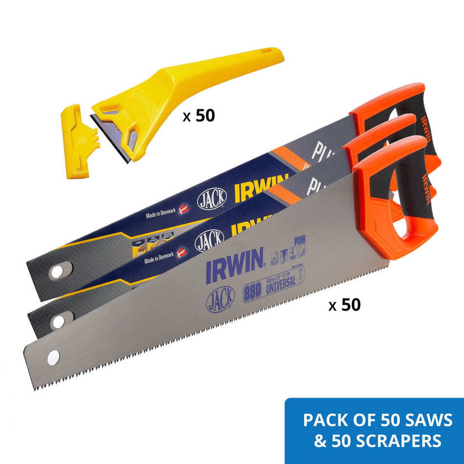 Irwin Jack 880 Plus 500mm Universal Handsaw 50-pack AND 50 x Stanley Scrapers