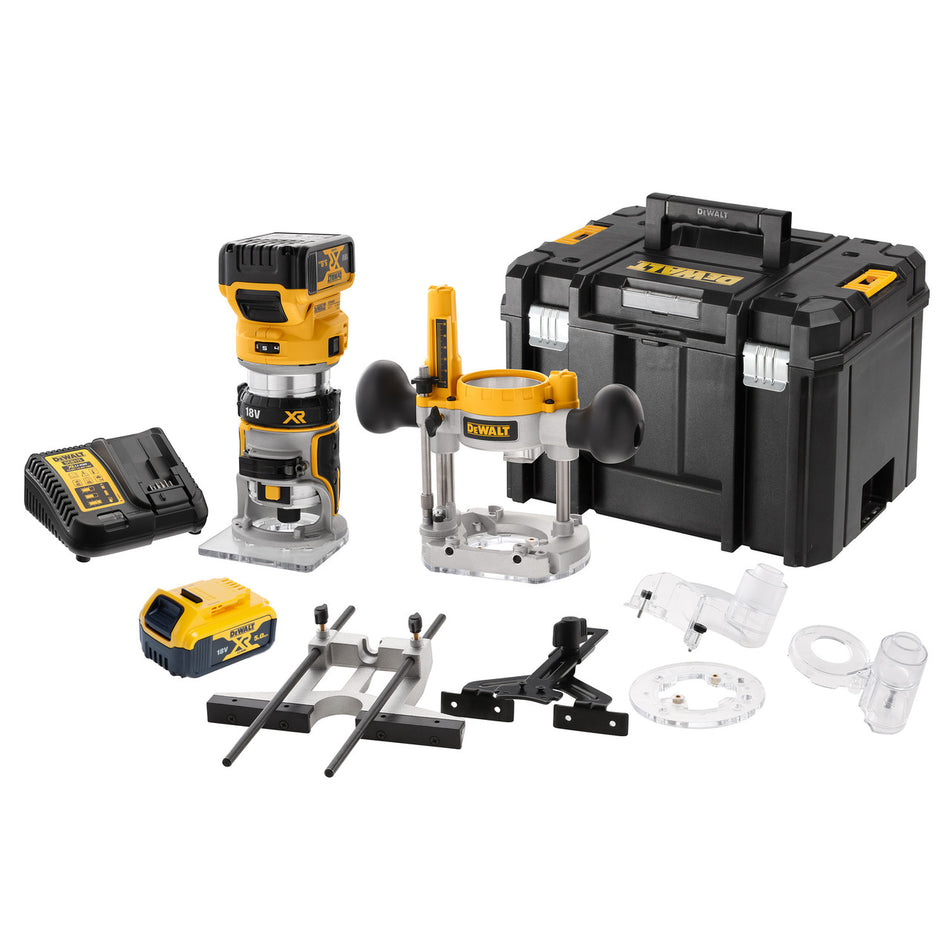 Dewalt DCW604P2 18V XR 1/4 inch Brushless Router + Extra Base (2 x 5.0Ah Batteries) in TSTAK Box