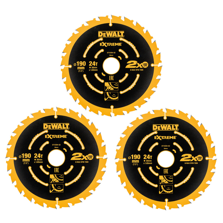 Dewalt DT10399 Extreme Framing Circular Saw Blades for Wood 190 x 30mm x 24T (Pack Of 3)