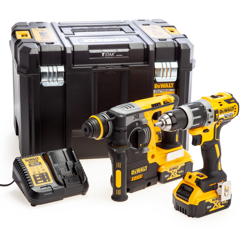 Dewalt DCK207P2T 18V XR SDS Plus Hammer & Combi Drill Twin Pack (2 x 5.0Ah Batteries) in TSTAK Box