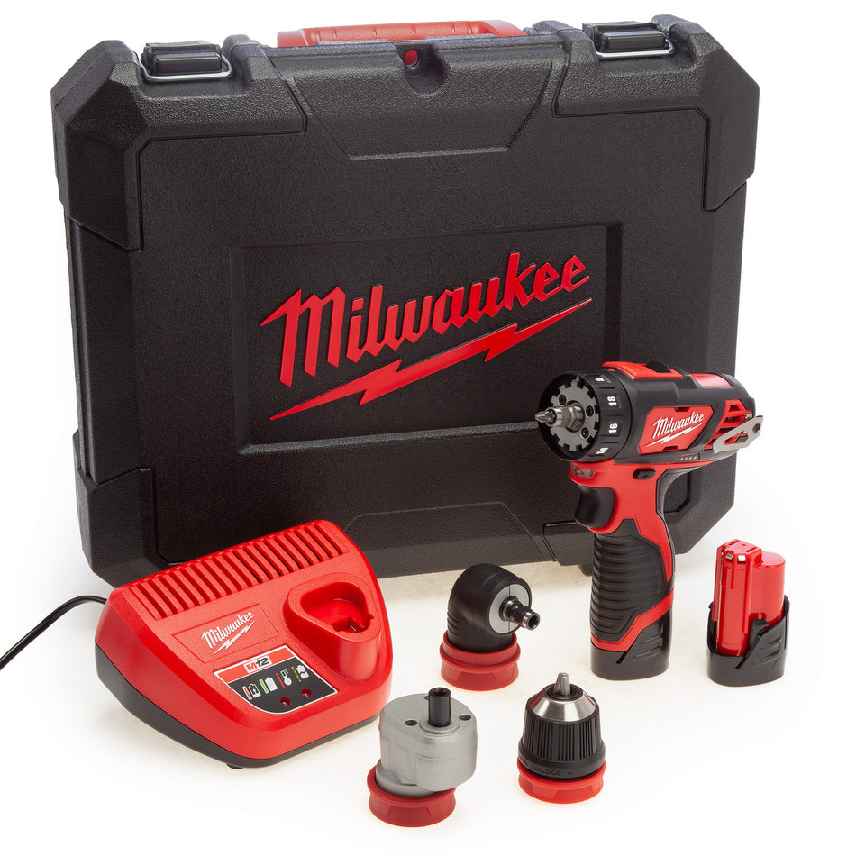 Milwaukee M12 BDDXKIT 4-in-1 Cordless Drill Driver (2 x 2.0Ah Batteries) with Attachments