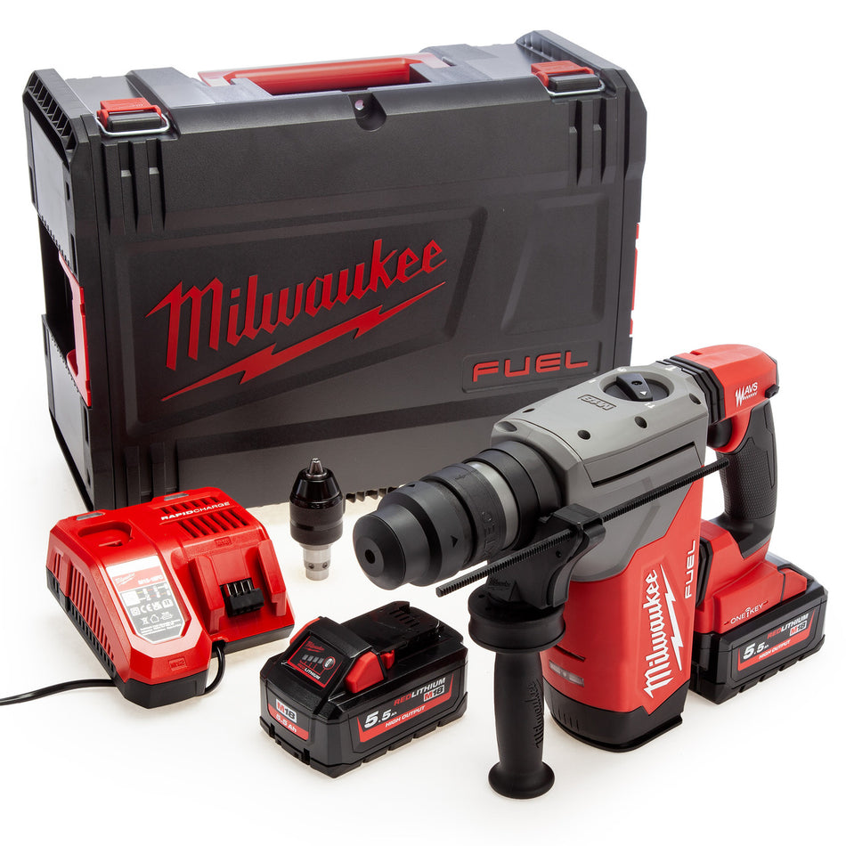 Milwaukee M18 ONEFHPX-552X FUEL 4-Mode SDS Plus Hammer One-Key & Fixtec Chuck (2 x 5.5Ah Batteries)