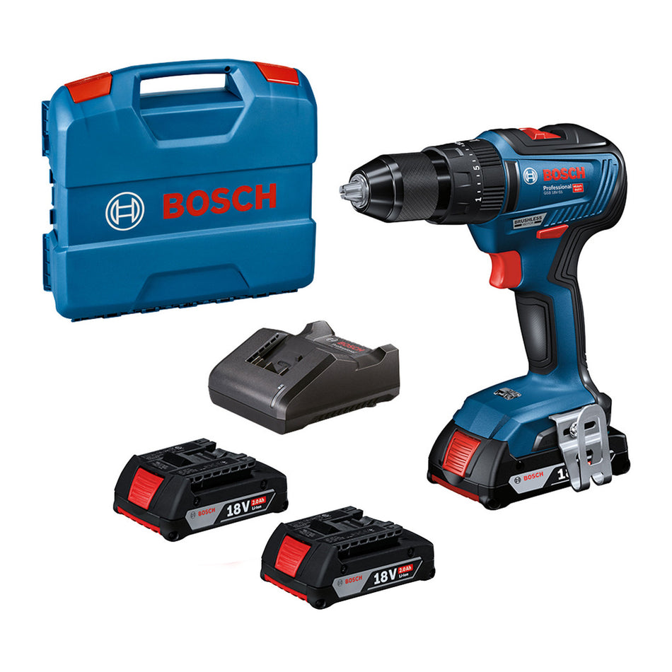 Bosch GSB 18V-55 Professional Brushless Combi Drill (3 x 2.0Ah Batteries)