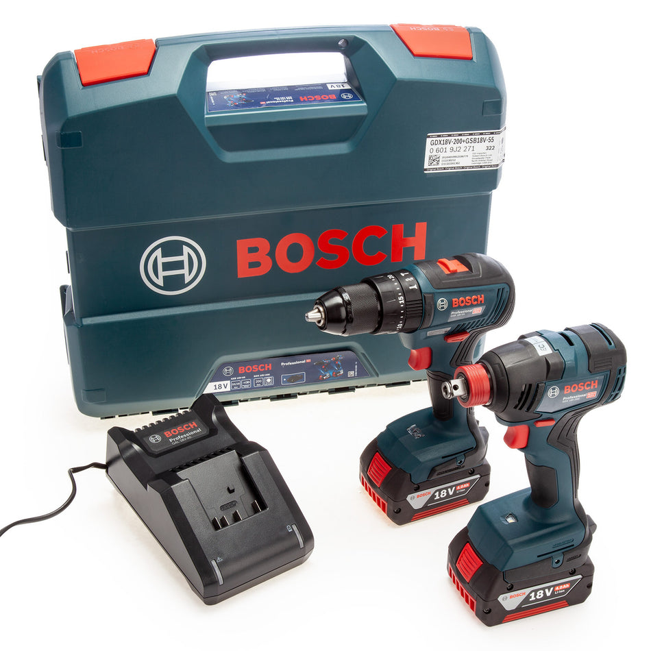 Bosch 06019J2271 18V Brushless Twin Pack - GSB 18V-55 + GDX 18V-200 (2 x 4.0Ah Batteries)