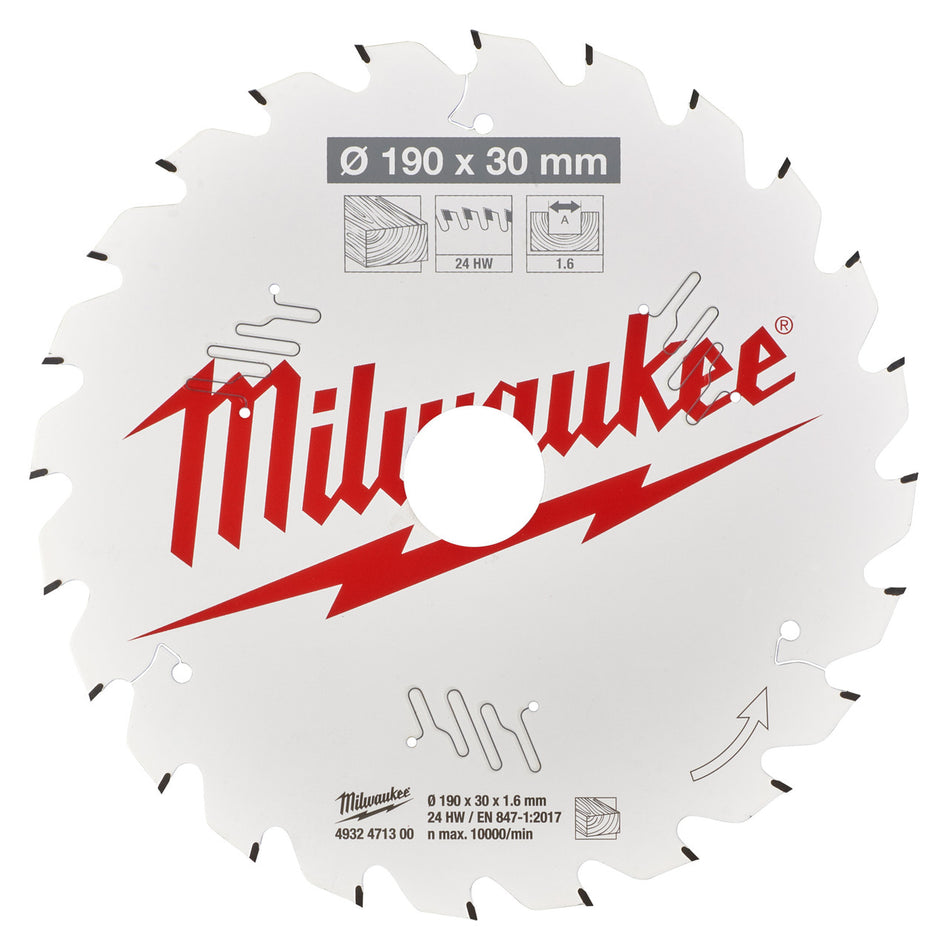 Milwaukee 4932471300 Circular Saw Blade for Wood 190 x 30mm x 24T