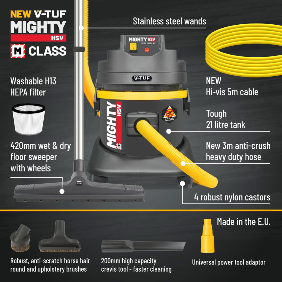 V-TUF MIGHTY M-Class Wet & Dry Dust Extractor 21L – Health & Safety Version (240V)