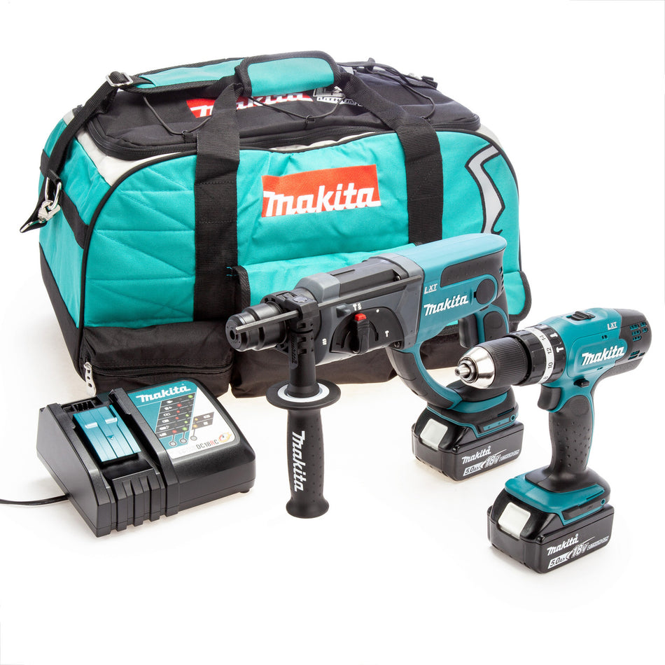 Makita DLX2025T 18V LXT Twin Pack - DHP453 Combi Drill + DHR202 Rotary Hammer (2 x 5.0Ah Batteries)